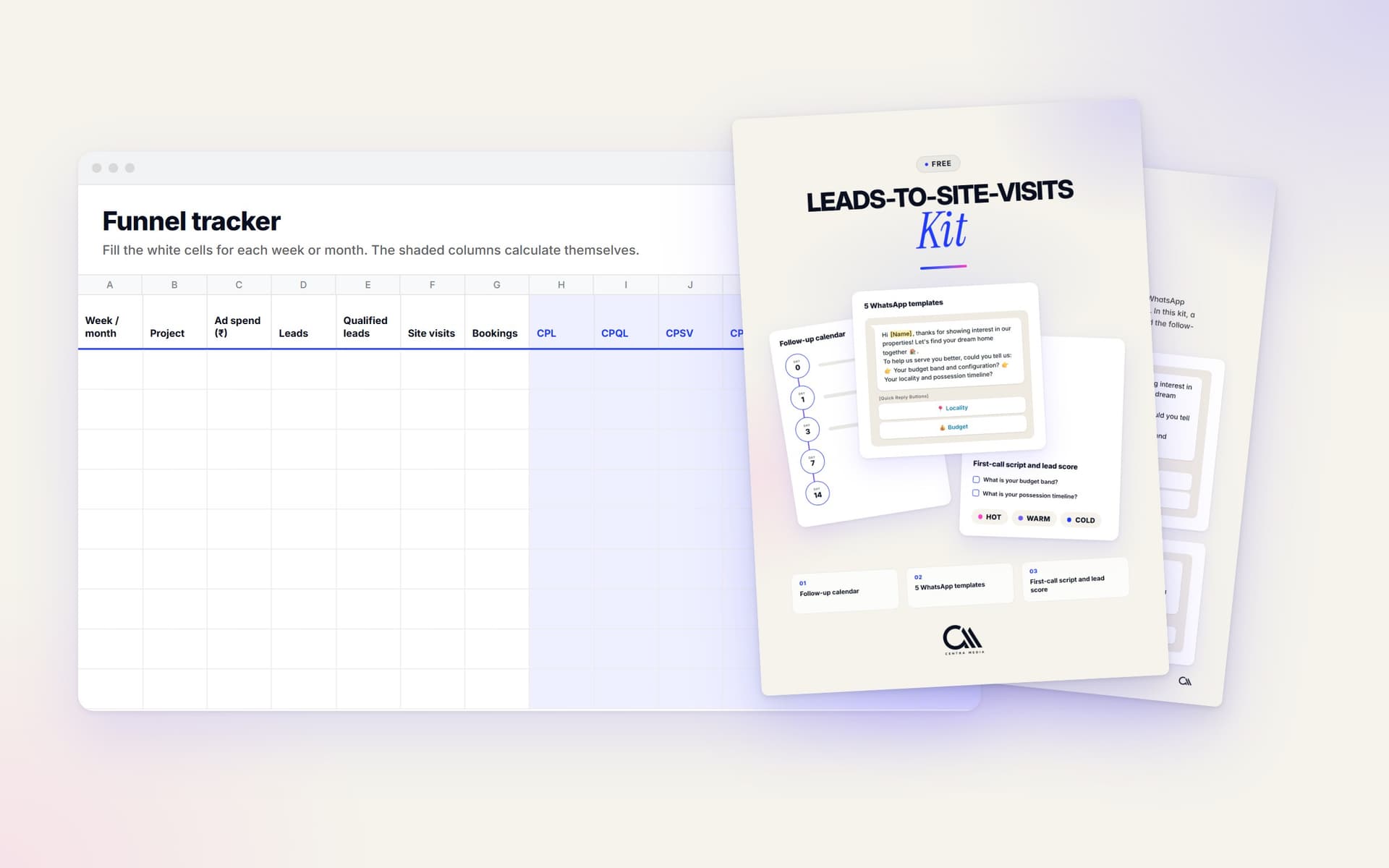 The Leads-to-Site-Visits Kit: the PDF cover and its WhatsApp templates page, in front of the Funnel tracker Google Sheet.